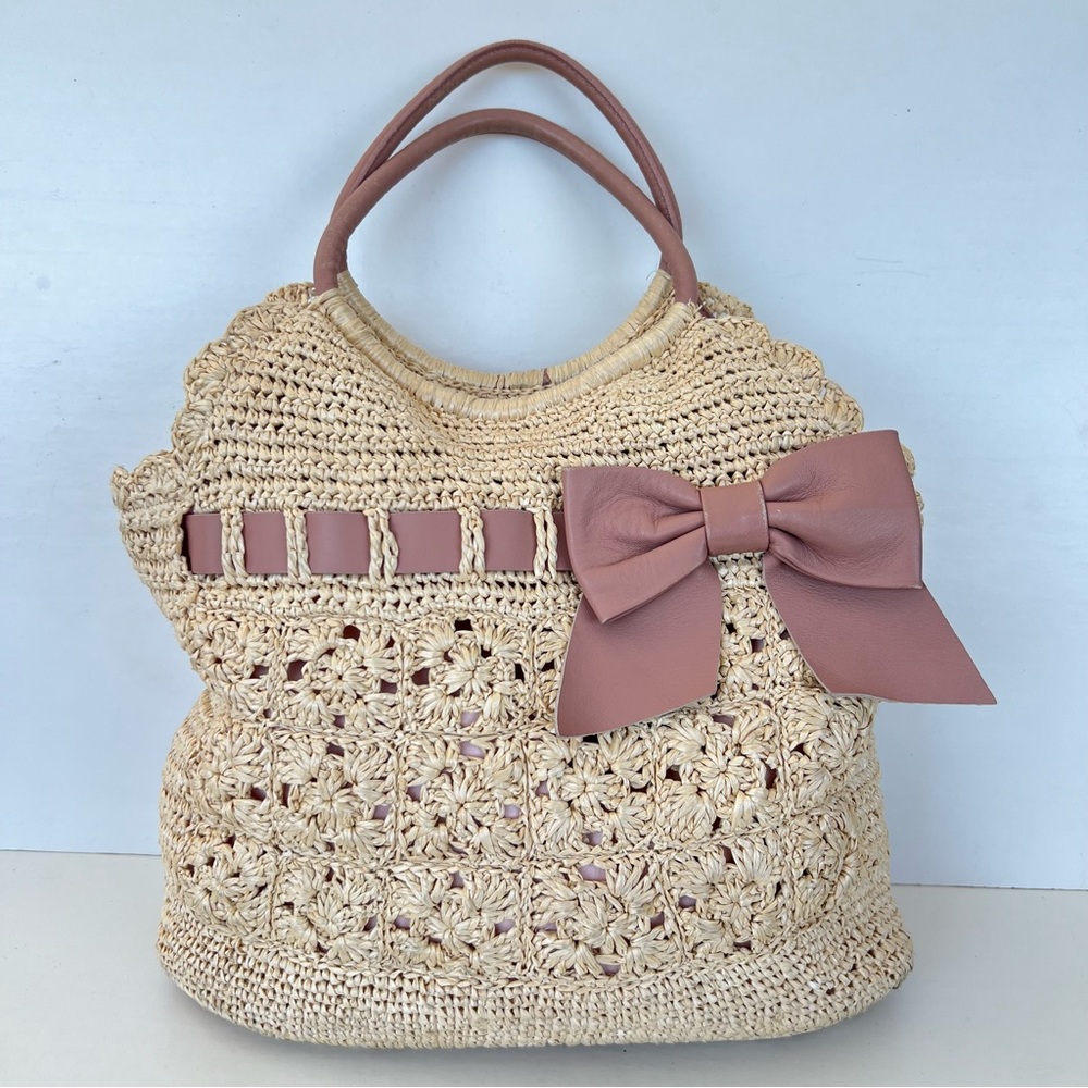 RED VALENTINO Cream Crochet Raffia Pink Mauve Leather Bow Shoulder Bag Tote - Picture 3 of 16